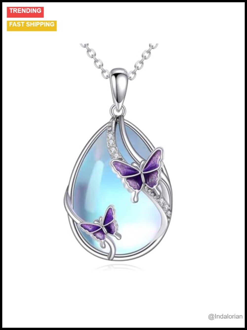 Sterling Silver Moonstone Butterfly Pendant Necklace for Women 18+2 Inch